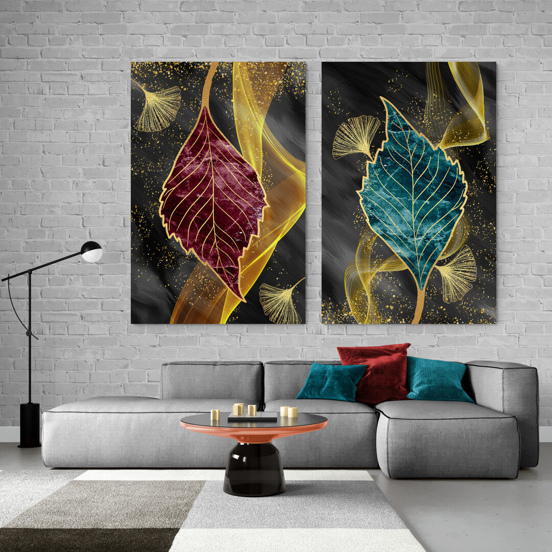 Set Tablouri Canvas Frunze cu Fir de Aur